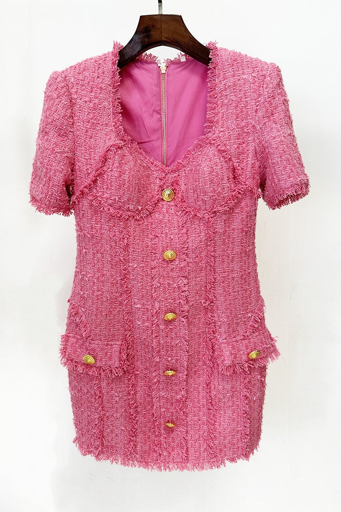 Flowering Girl Women Selena Pink Tweed Mini Dress With 7-Buttons