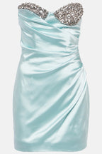 Flowering Girl Women Diamante Strapless Satin Mini Dress - Blue