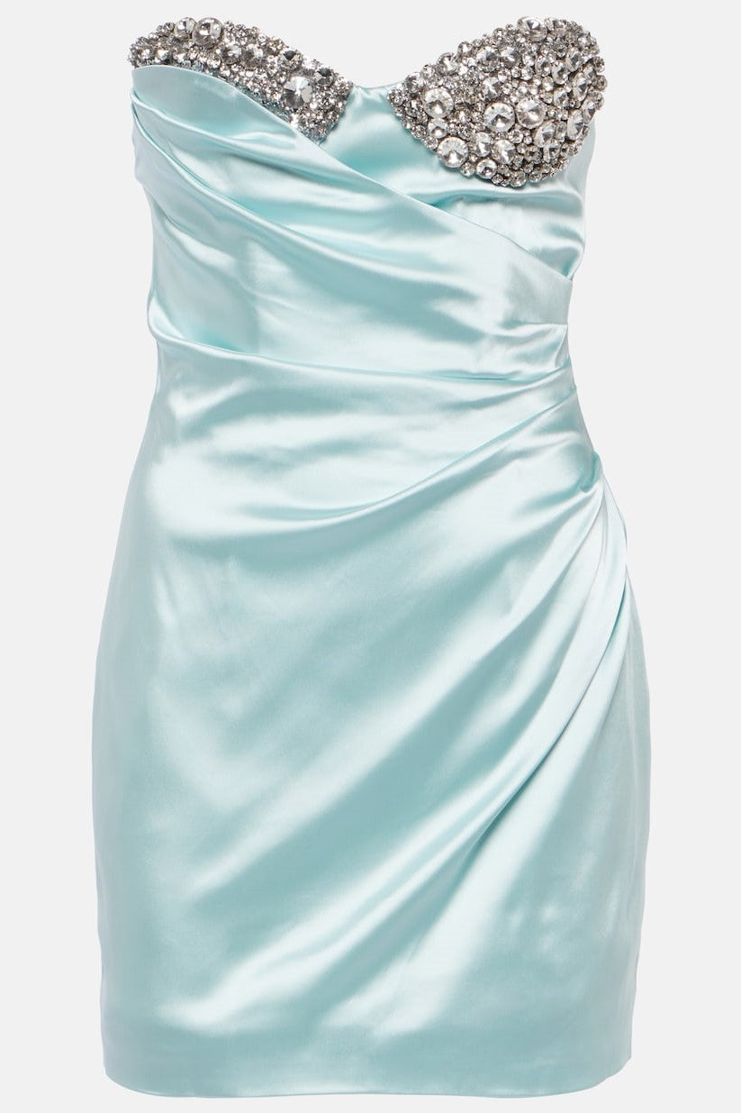 Flowering Girl Women Diamante Strapless Satin Mini Dress - Blue