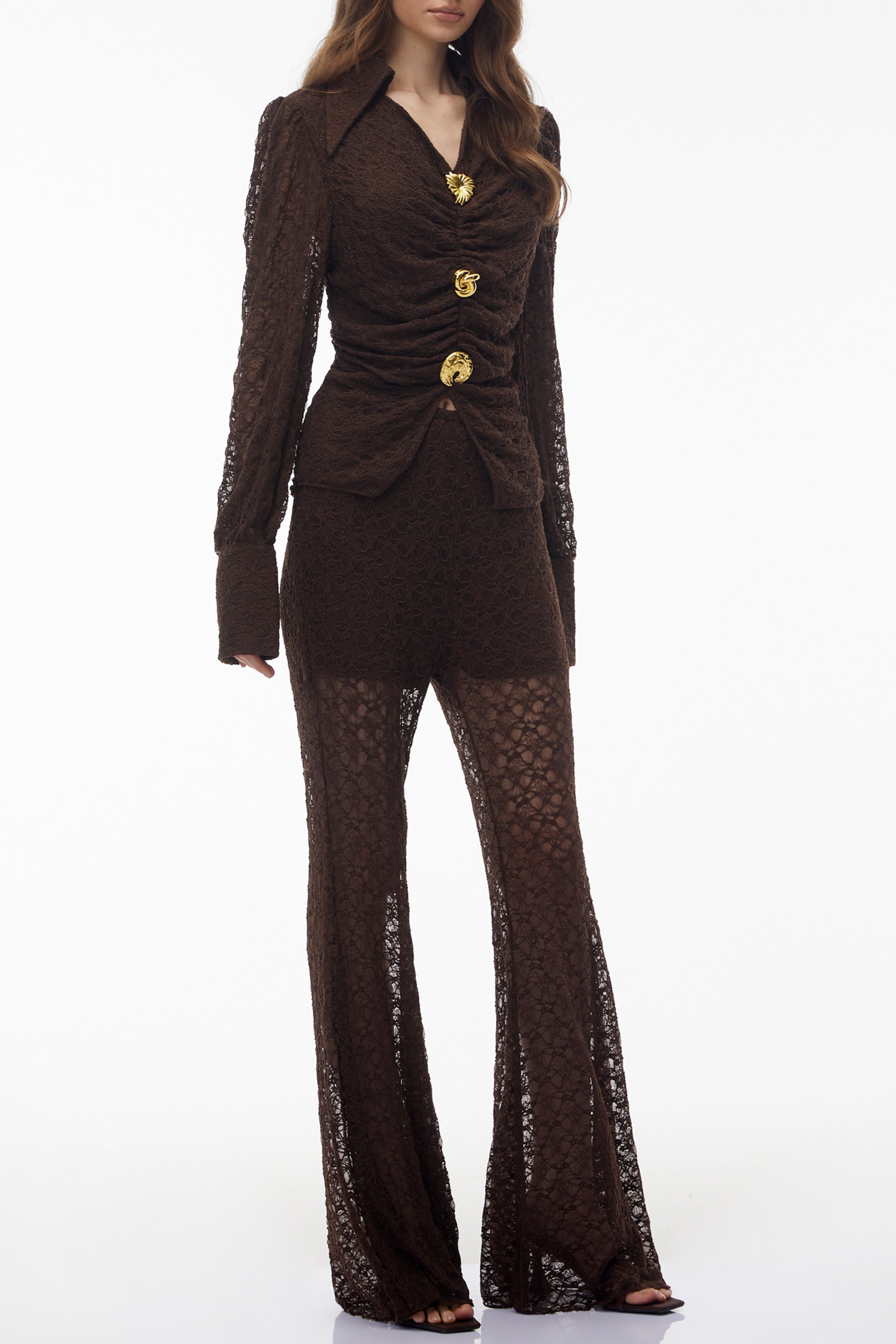 karen Brown Floral Lace hollow Top & Trouser Set
