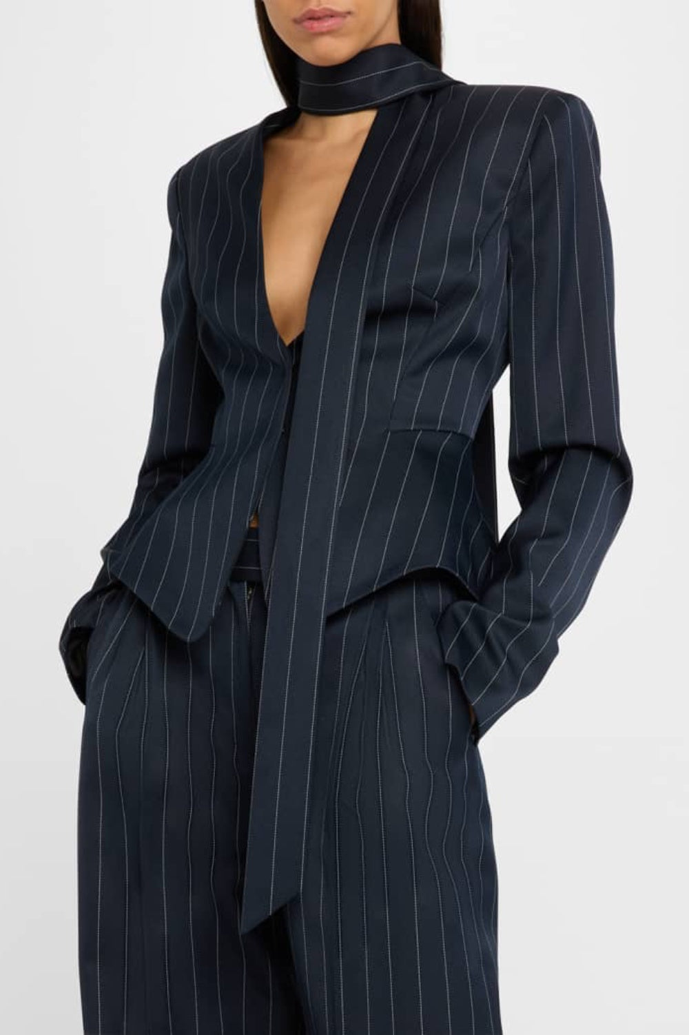 Flowering Girl Women Hibyl Pinstripe Scarf Blazer in black