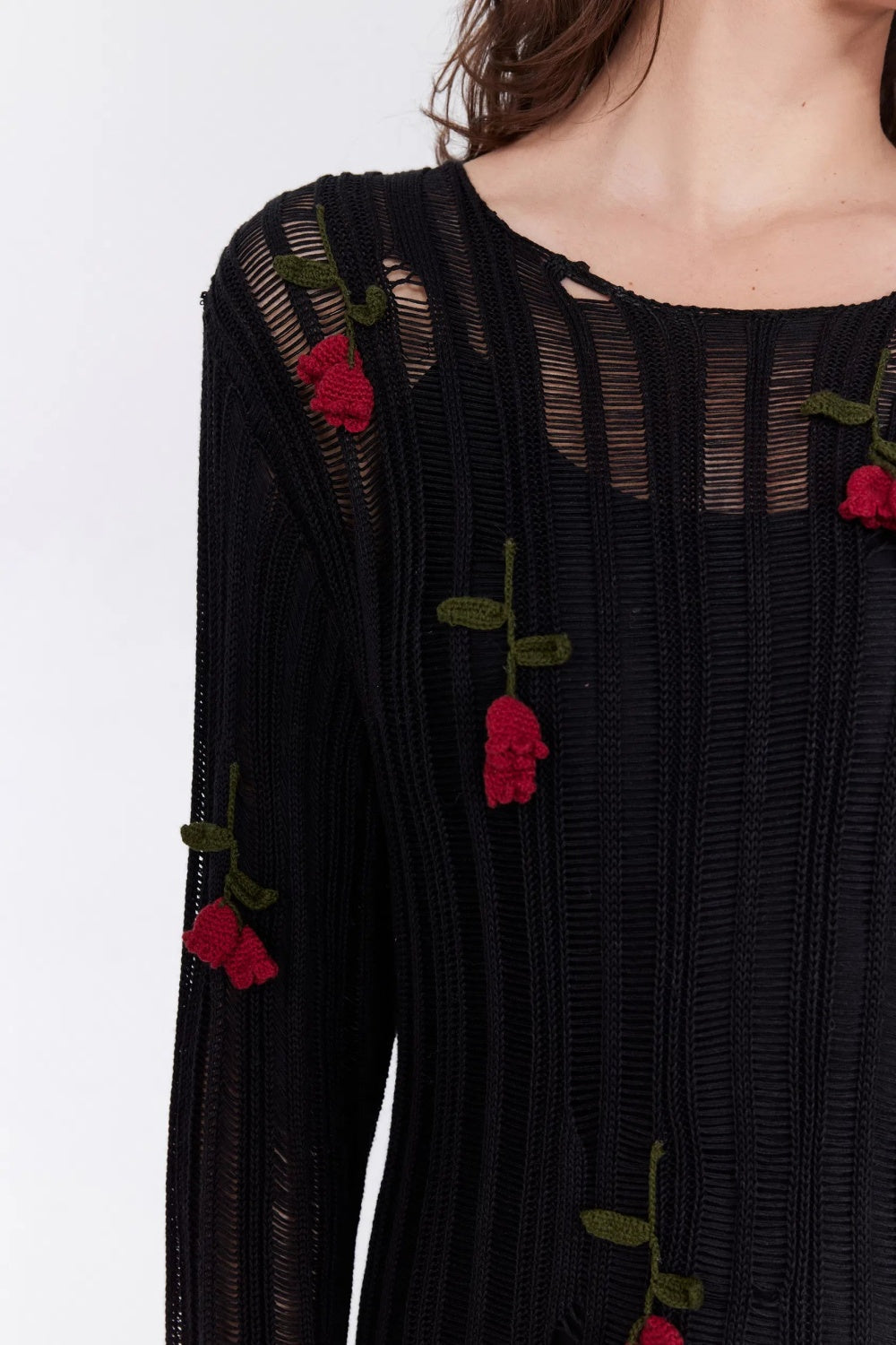 Flowering Girl Women Hilaria Rose Handcrafted Knit Midi Dress in Black