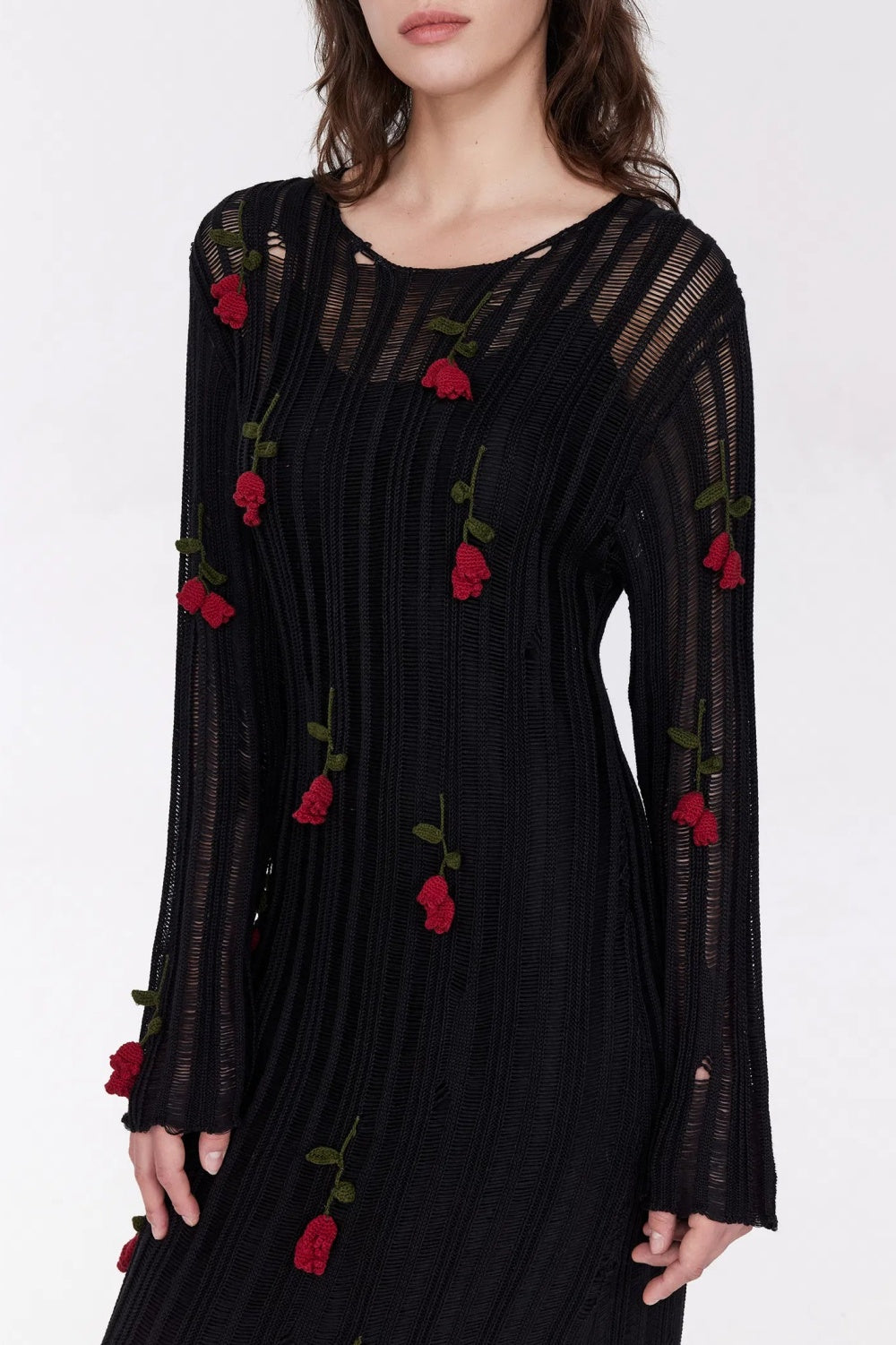 Flowering Girl Women Hilaria Rose Handcrafted Knit Midi Dress in Black