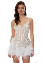 Flowering Girl Women carlin White 3D Petal sequin Mini Dress with Feather Trim