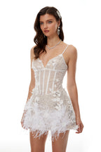Flowering Girl Women carlin White 3D Petal sequin Mini Dress with Feather Trim