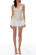 Flowering Girl Women carlin White 3D Petal sequin Mini Dress with Feather Trim