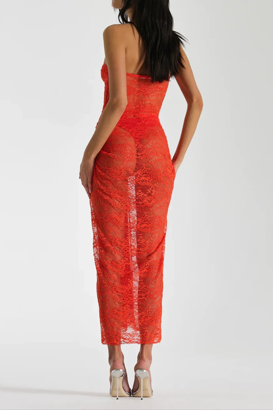 Strapless Twisted Lace Dress In Orange