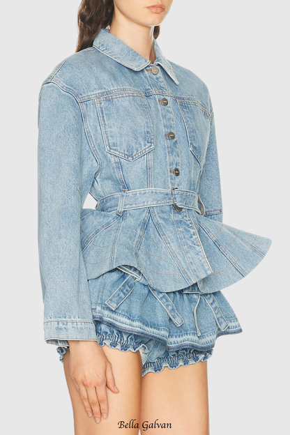 Hitania Ruffle Denim Jacket & Skirt Set