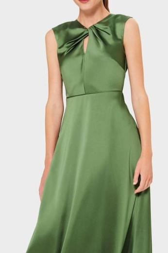 Flowering Girl Women Twist Neck Satin Midi Dress In Green