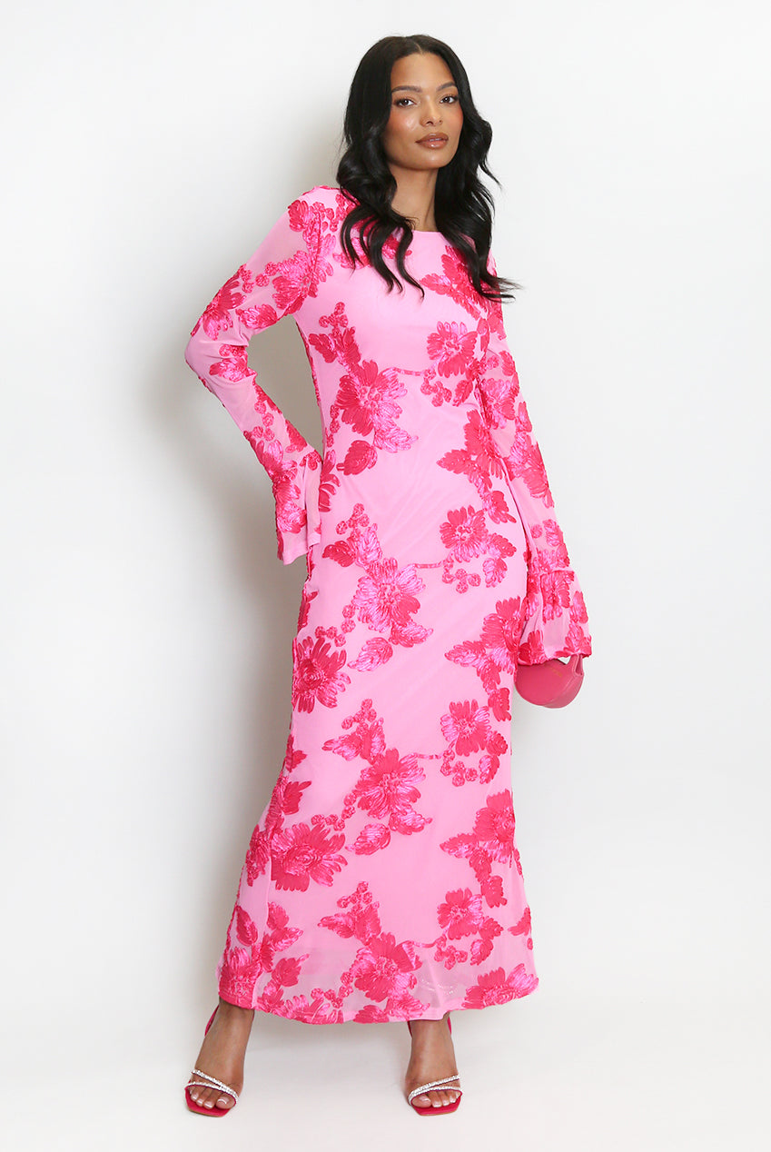 Flowering Girl Women Floral Lace Lined Flute Cuffs Midi Dress
