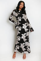Floral Lace Lined Flute Cuffs Midi Dress