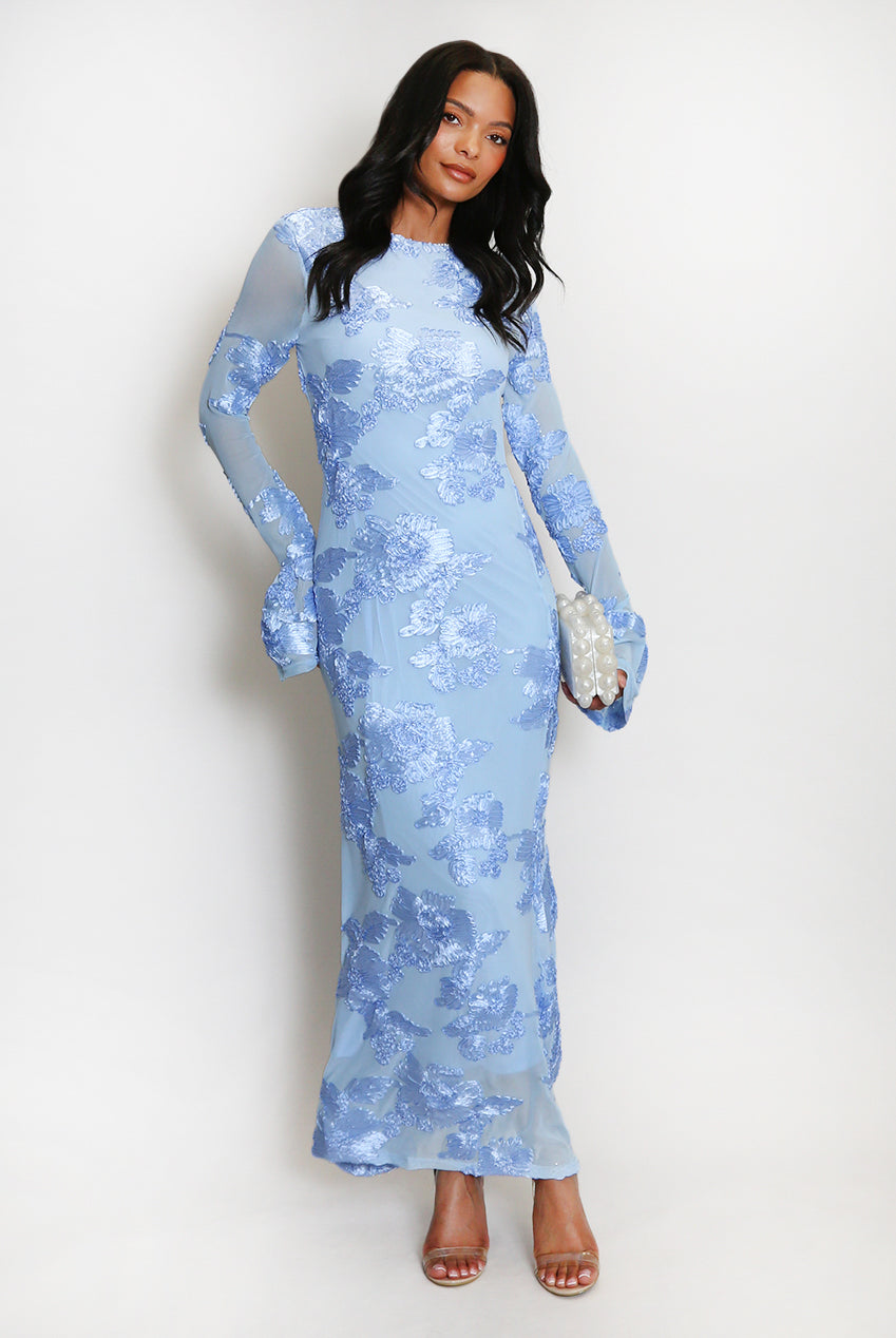 Flowering Girl Women Floral Lace Lined Flute Cuffs Midi Dress