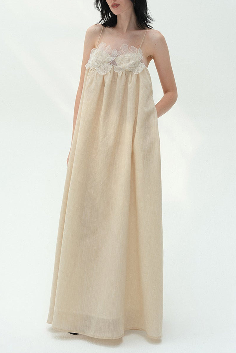 Iris-patterned halter maxi dress in khaki