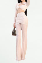 Flowering Girl Women Long Sleeve Draped Two Piece Jumpsuit Nude