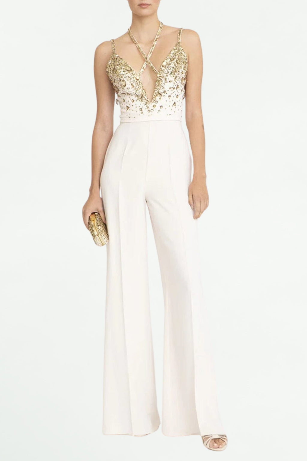 Flowering Girl Women V-Neck Sequin Halter Jumpsuit In White