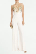 Flowering Girl Women V-Neck Sequin Halter Jumpsuit In White