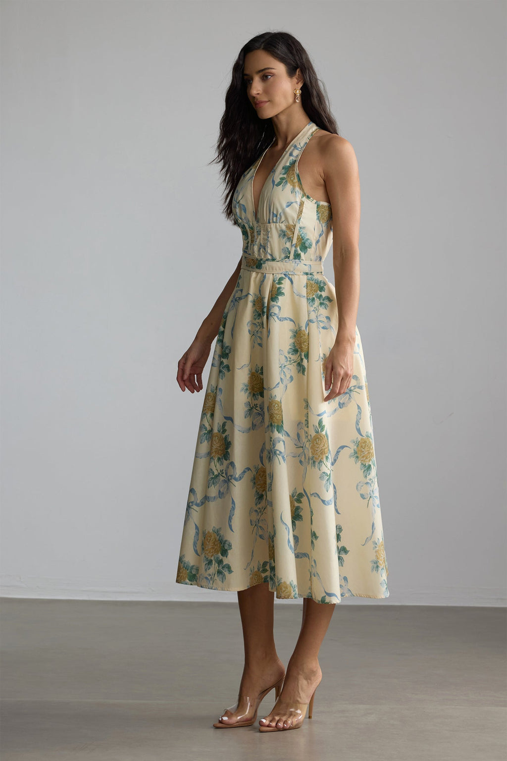 deirdre Floral Print Deep V Neck Midi Dress in yellow
