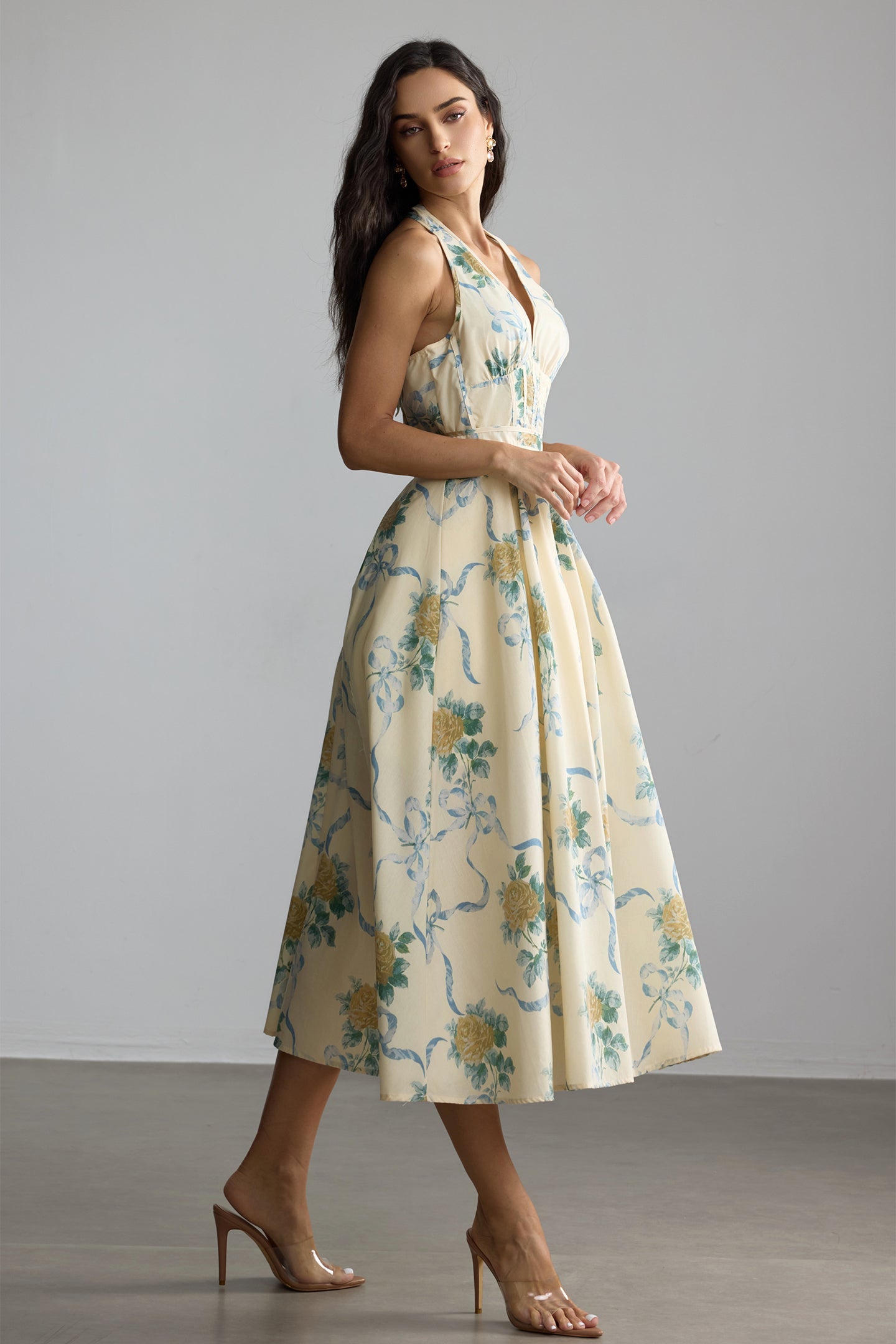 deirdre Floral Print Deep V Neck Midi Dress in yellow