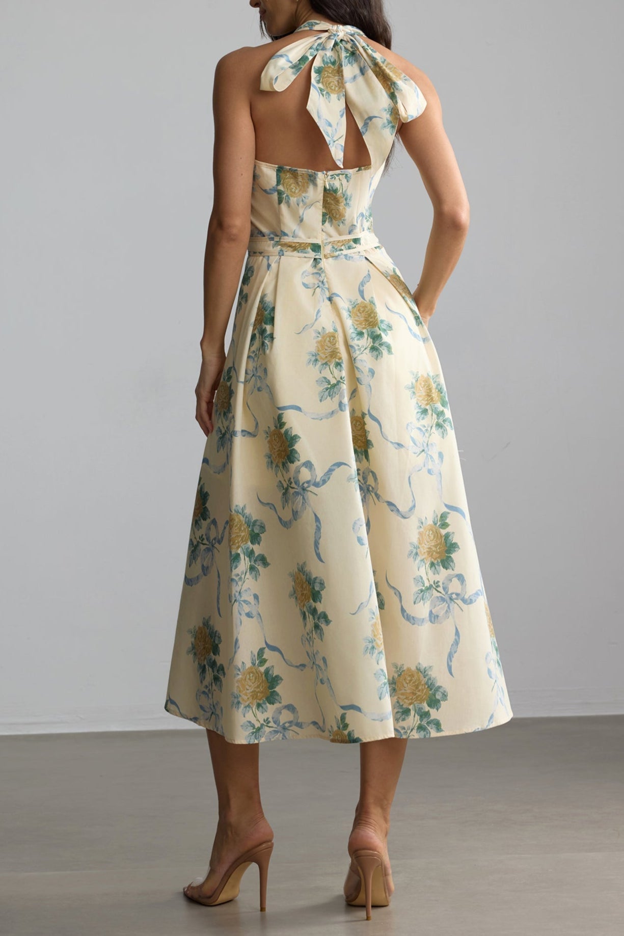 Deirdre Floral Print Deep V Neck Midi Dress In Yellow