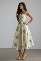 daphne Floral Print Sweetheart Midi Dress in yellow