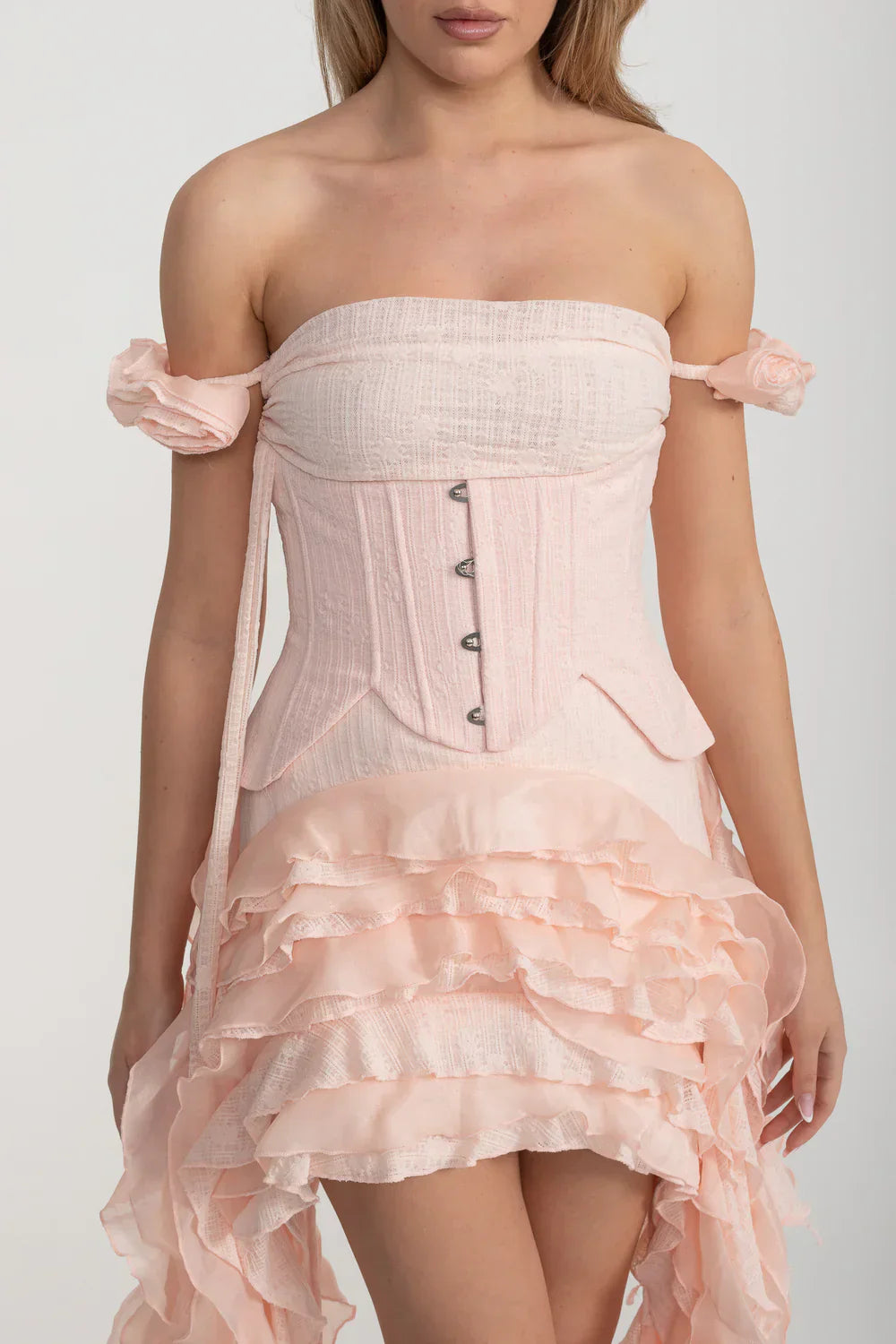 Flowering Girl Women Vintage Inspired Corset Dress With Ruched Bustier And Flowing Ruffled Side Details - Pink