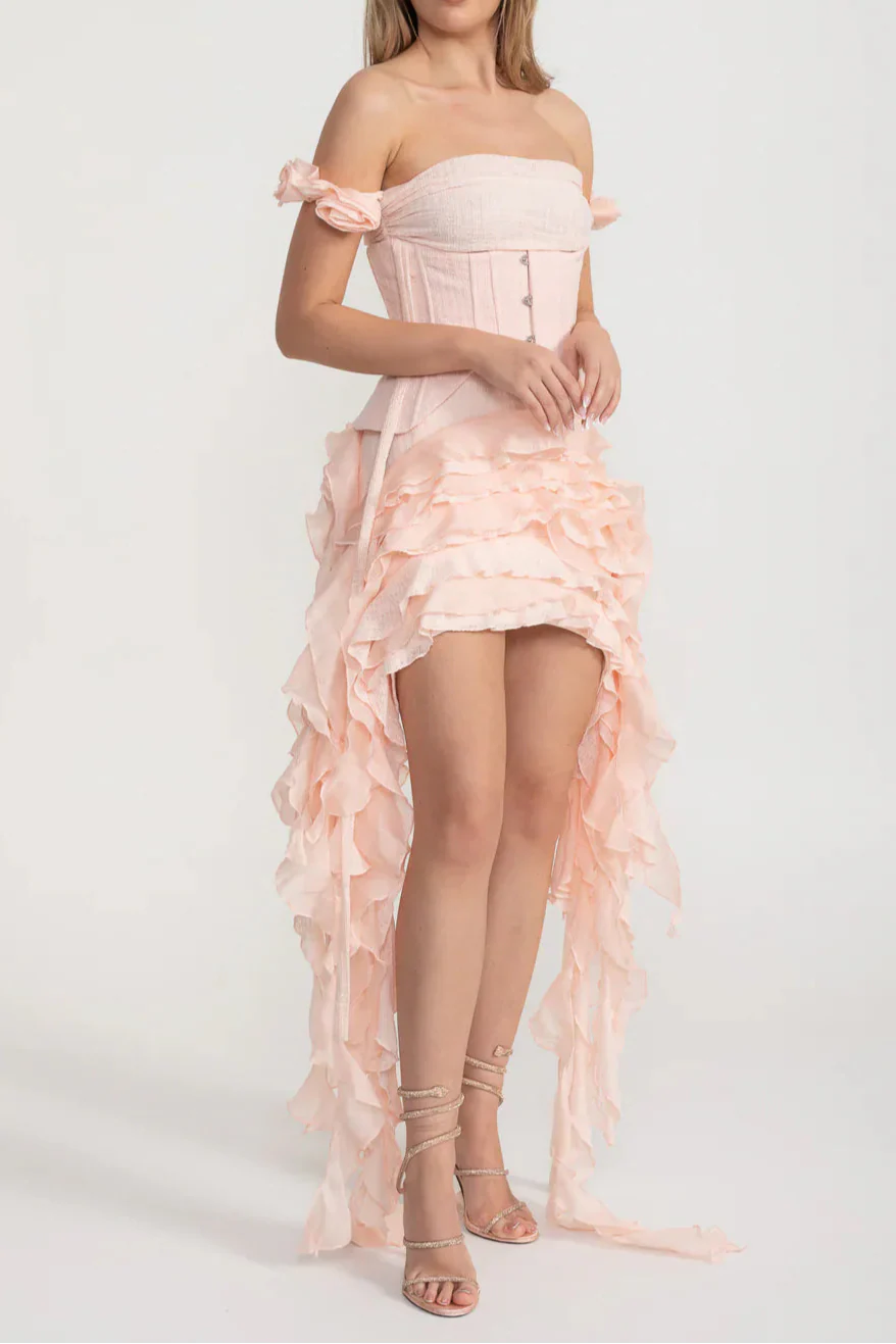 Flowering Girl Women Vintage Inspired Corset Dress With Ruched Bustier And Flowing Ruffled Side Details - Pink