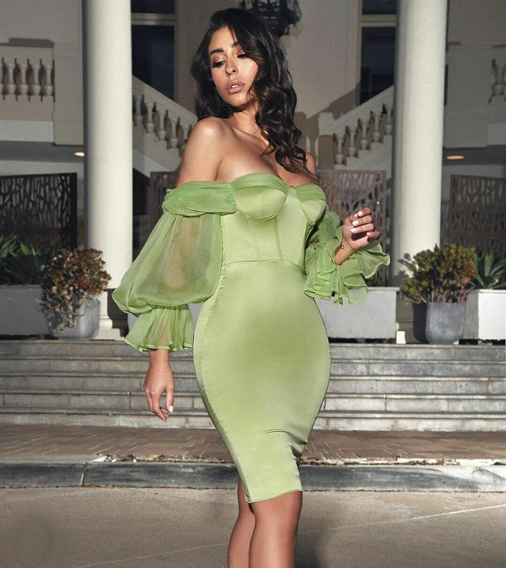 Flowering Girl Women Satin Strapless Puff Sleeve Mini Dress In Mint