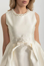 Flowering Girl Women Elegant Fitted Dress With Pearl-Embellished Round Neckline And Bow Waistline Accent - Ivoire