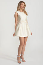 Flowering Girl Women Elegant Fitted Dress With Pearl-Embellished Round Neckline And Bow Waistline Accent - Ivoire