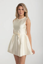 Flowering Girl Women Elegant Fitted Dress With Pearl-Embellished Round Neckline And Bow Waistline Accent - Ivoire