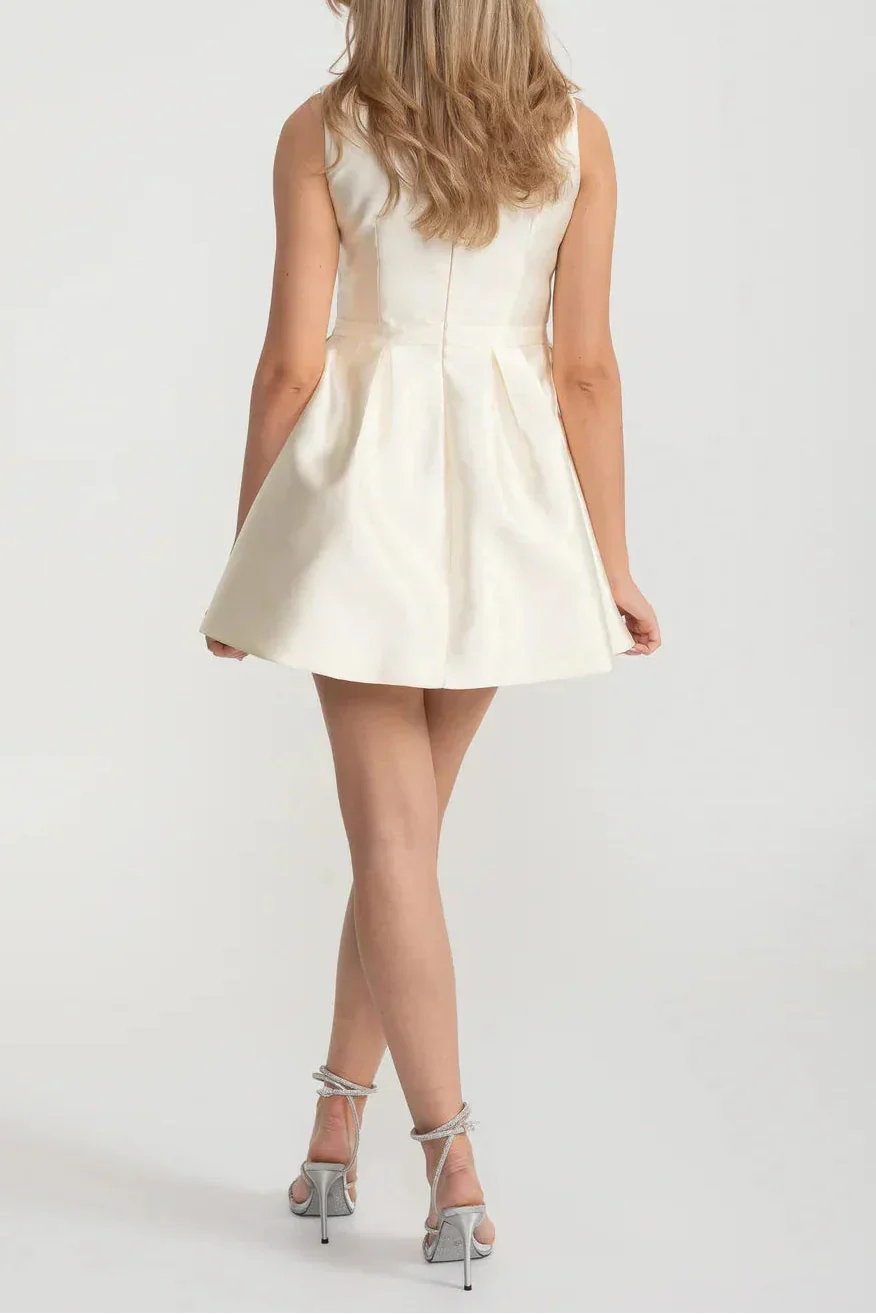 Flowering Girl Women Elegant Fitted Dress With Pearl-Embellished Round Neckline And Bow Waistline Accent - Ivoire