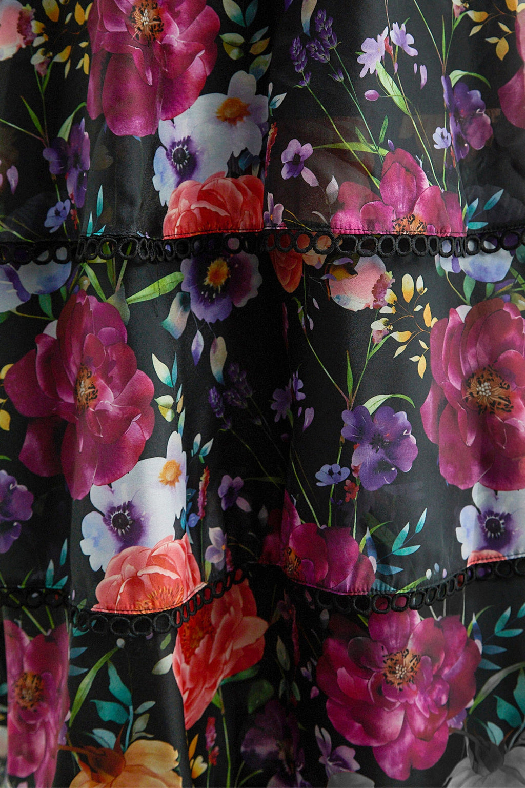 Black Floral Print Tiered Ruffle Maxi Dress