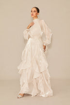 pandora Puff Sleeve Ruffle Trim Maxi Dress in apricot