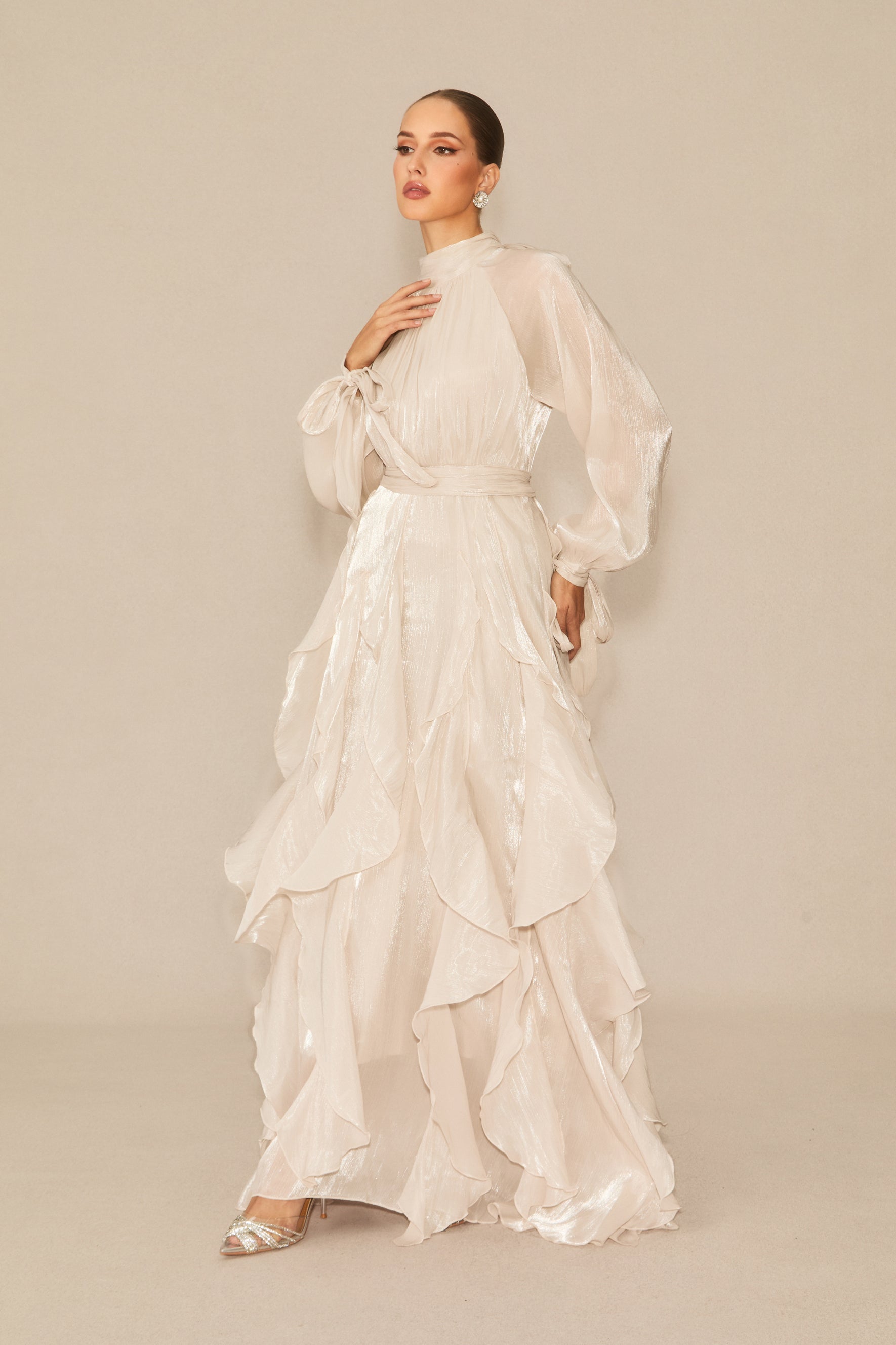 pandora Puff Sleeve Ruffle Trim Maxi Dress in apricot