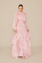 pandora Puff Sleeve Ruffle Trim Maxi Dress in pink