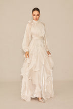 pandora Puff Sleeve Ruffle Trim Maxi Dress in apricot