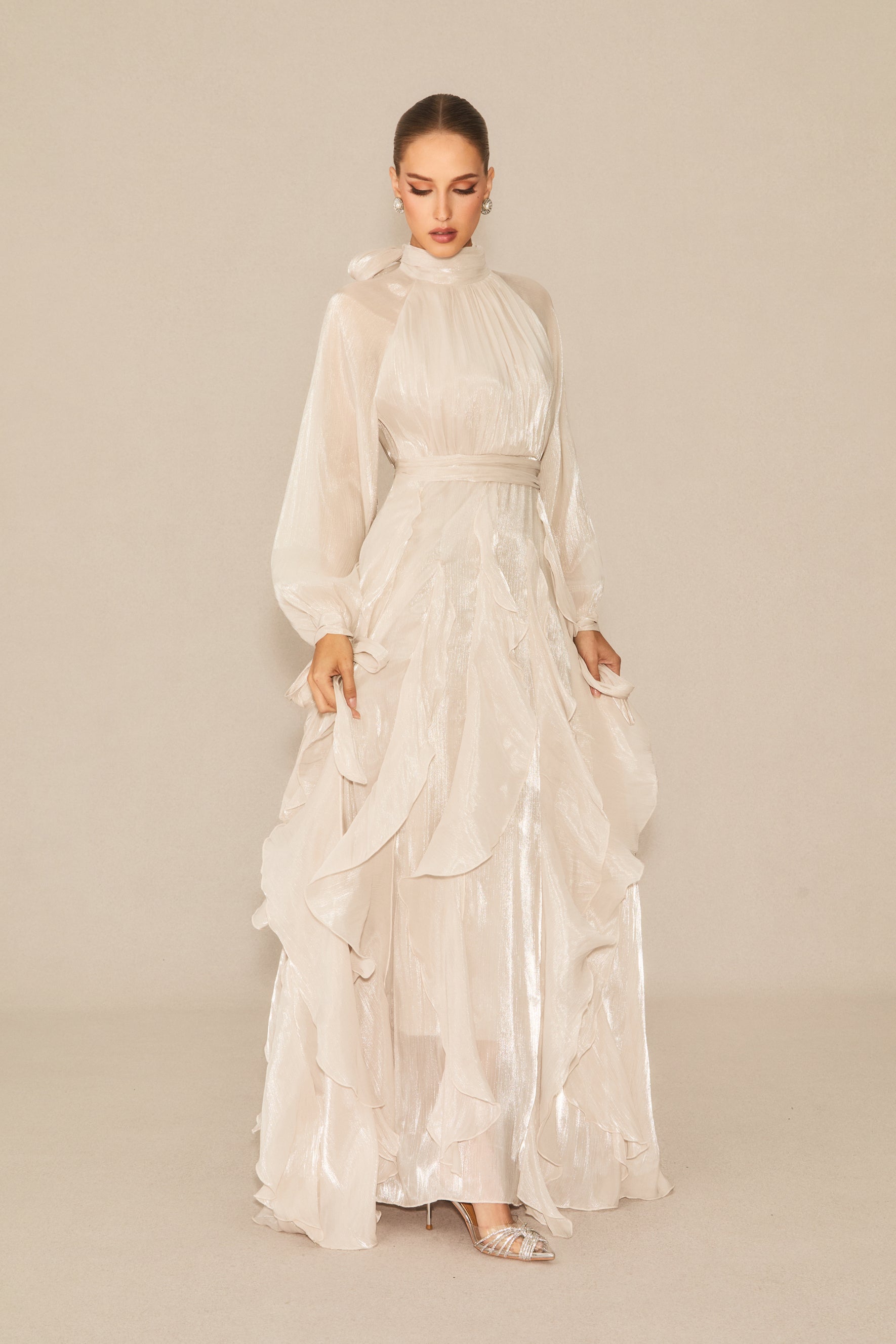 pandora Puff Sleeve Ruffle Trim Maxi Dress in apricot