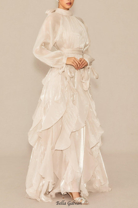 pandora Puff Sleeve Ruffle Trim Maxi Dress in apricot
