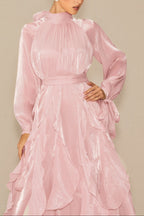 pandora Puff Sleeve Ruffle Trim Maxi Dress in pink
