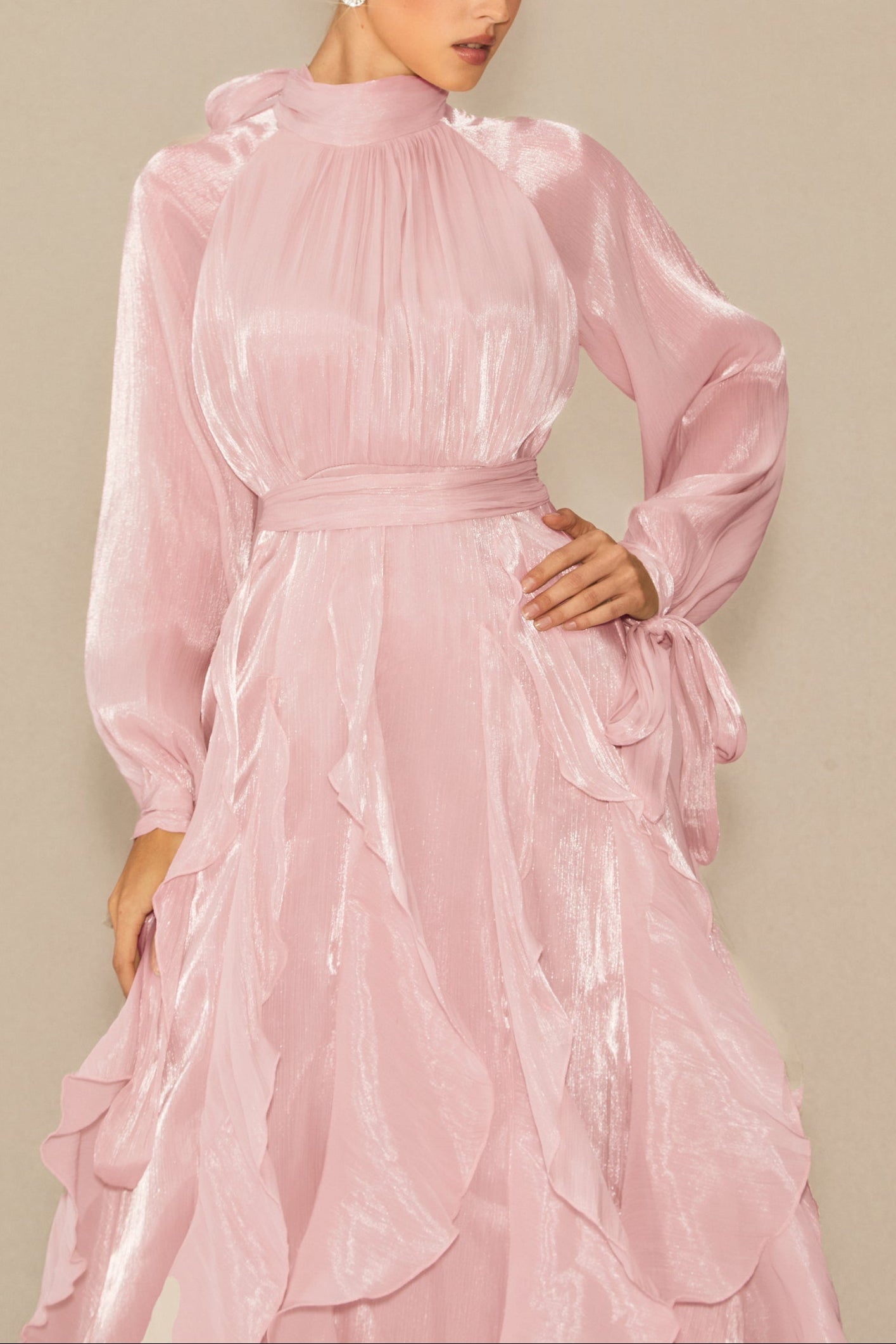 pandora Puff Sleeve Ruffle Trim Maxi Dress in pink