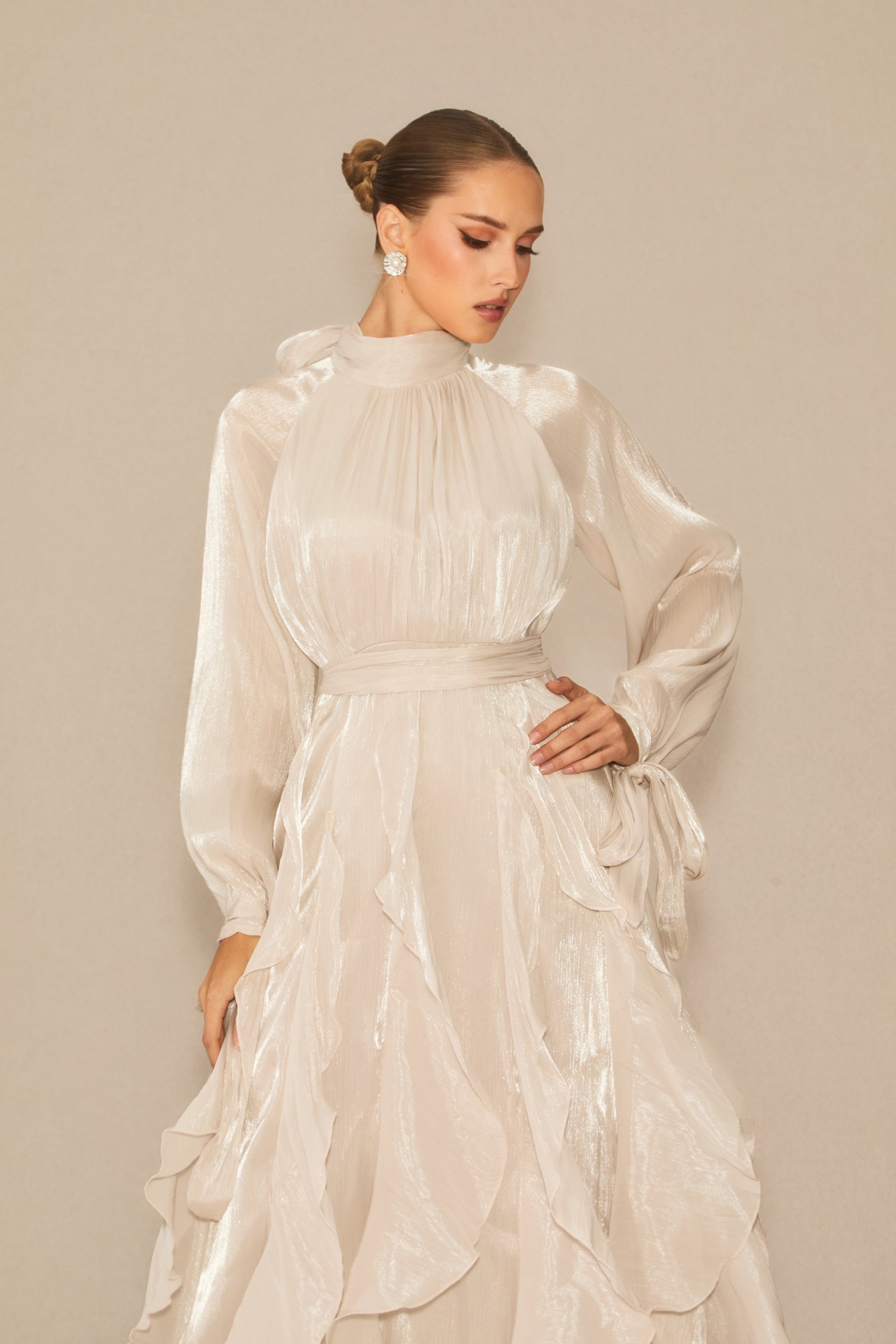 pandora Puff Sleeve Ruffle Trim Maxi Dress in apricot