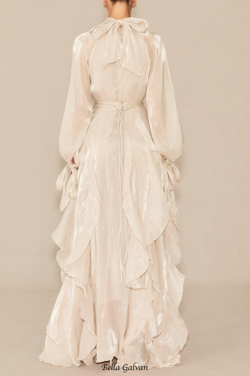 pandora Puff Sleeve Ruffle Trim Maxi Dress in apricot