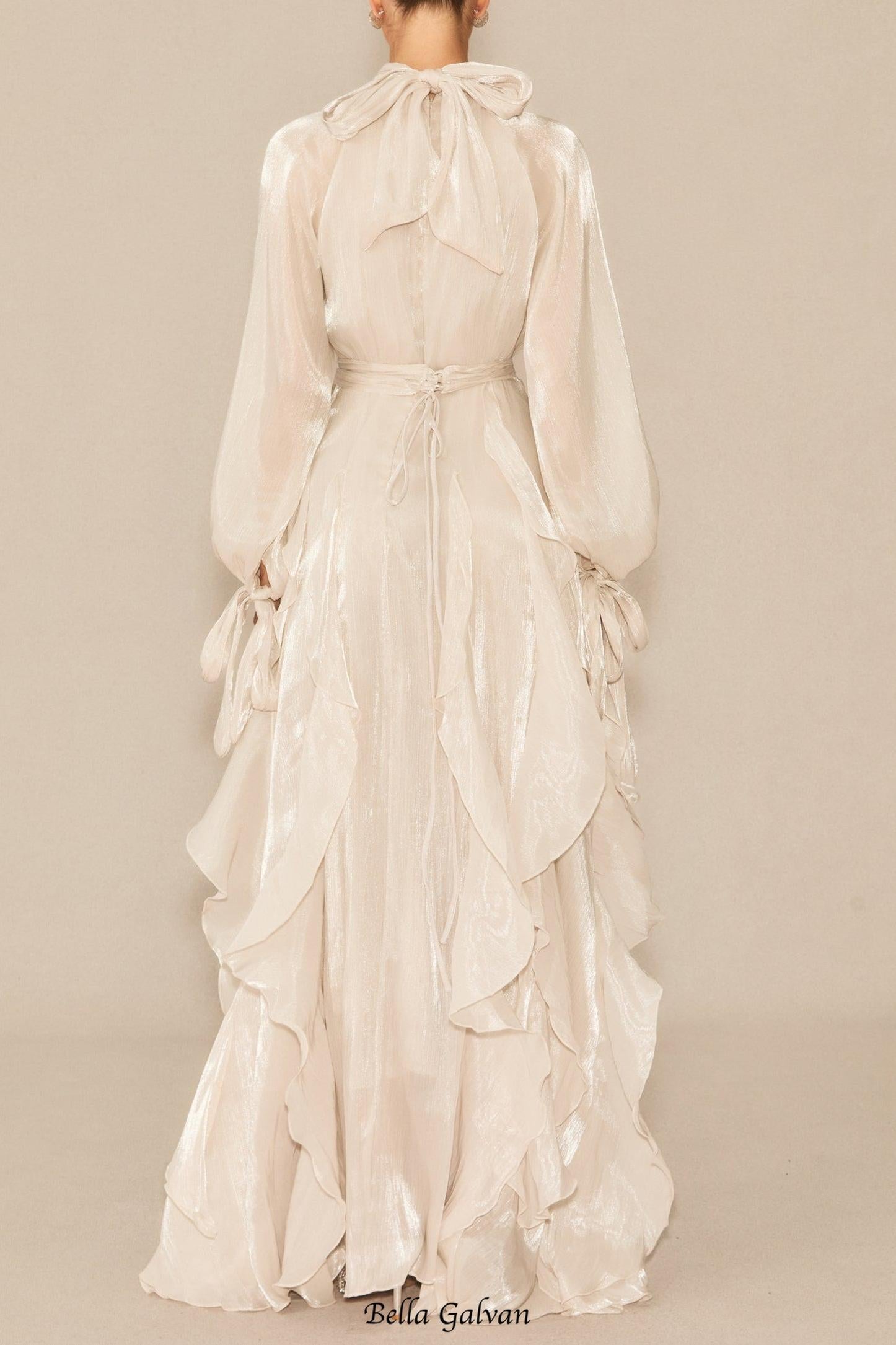 pandora Puff Sleeve Ruffle Trim Maxi Dress in apricot