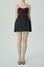 Flowering Girl Women Elegant Burgundy 3D Floral Black Satin Mini Dress