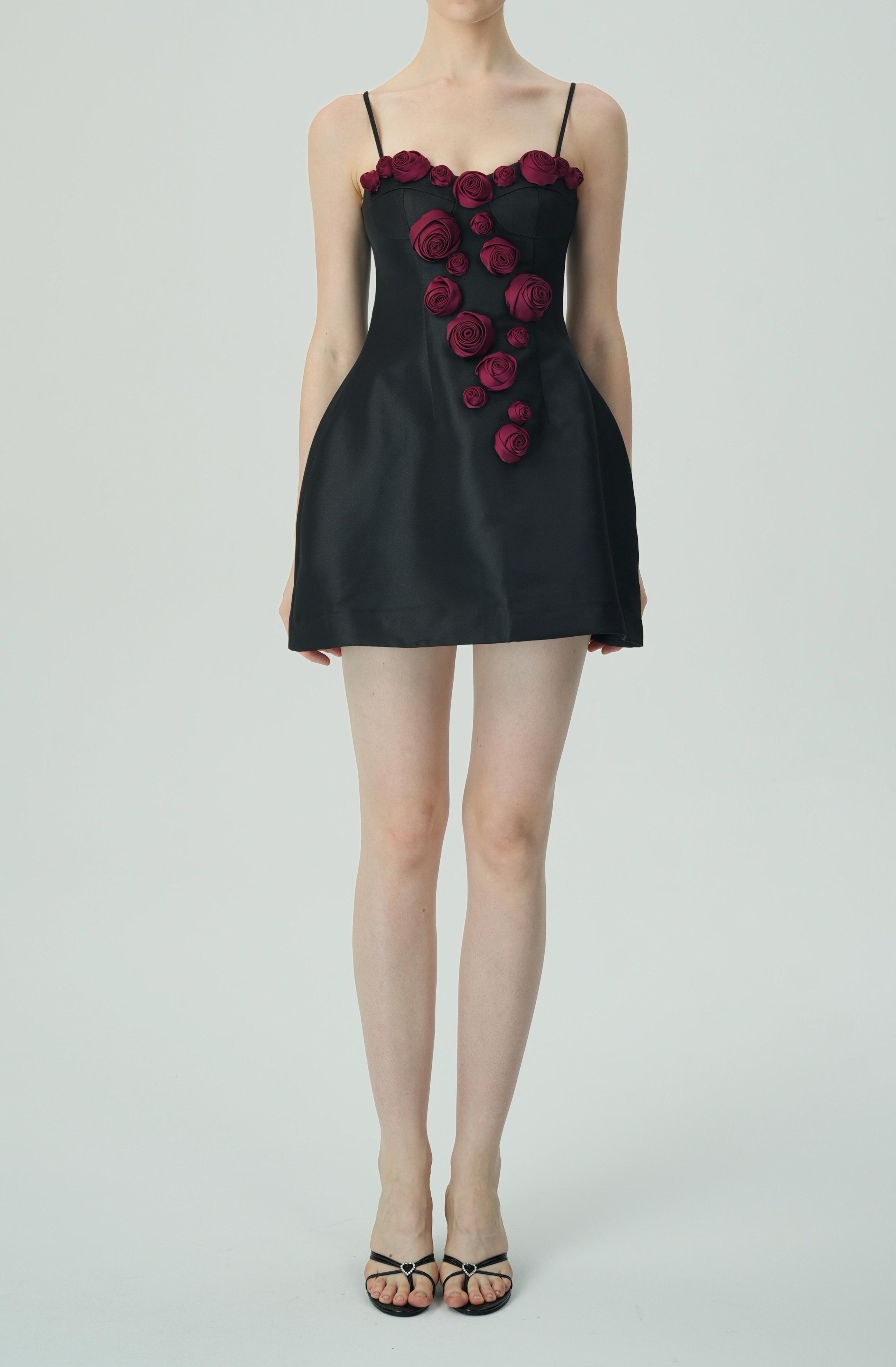 Flowering Girl Women Elegant Burgundy 3D Floral Black Satin Mini Dress
