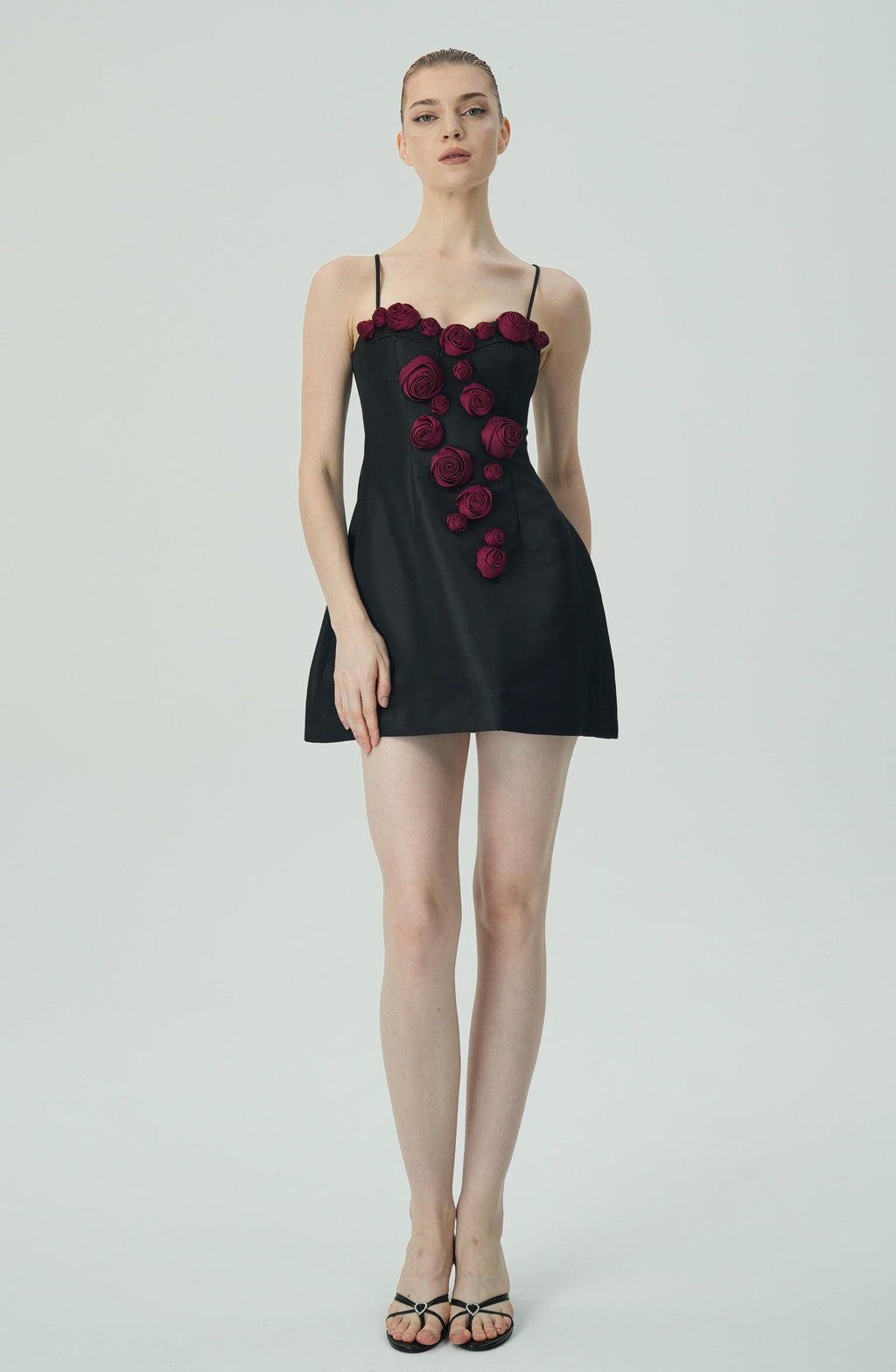 Flowering Girl Women Elegant Burgundy 3D Floral Black Satin Mini Dress