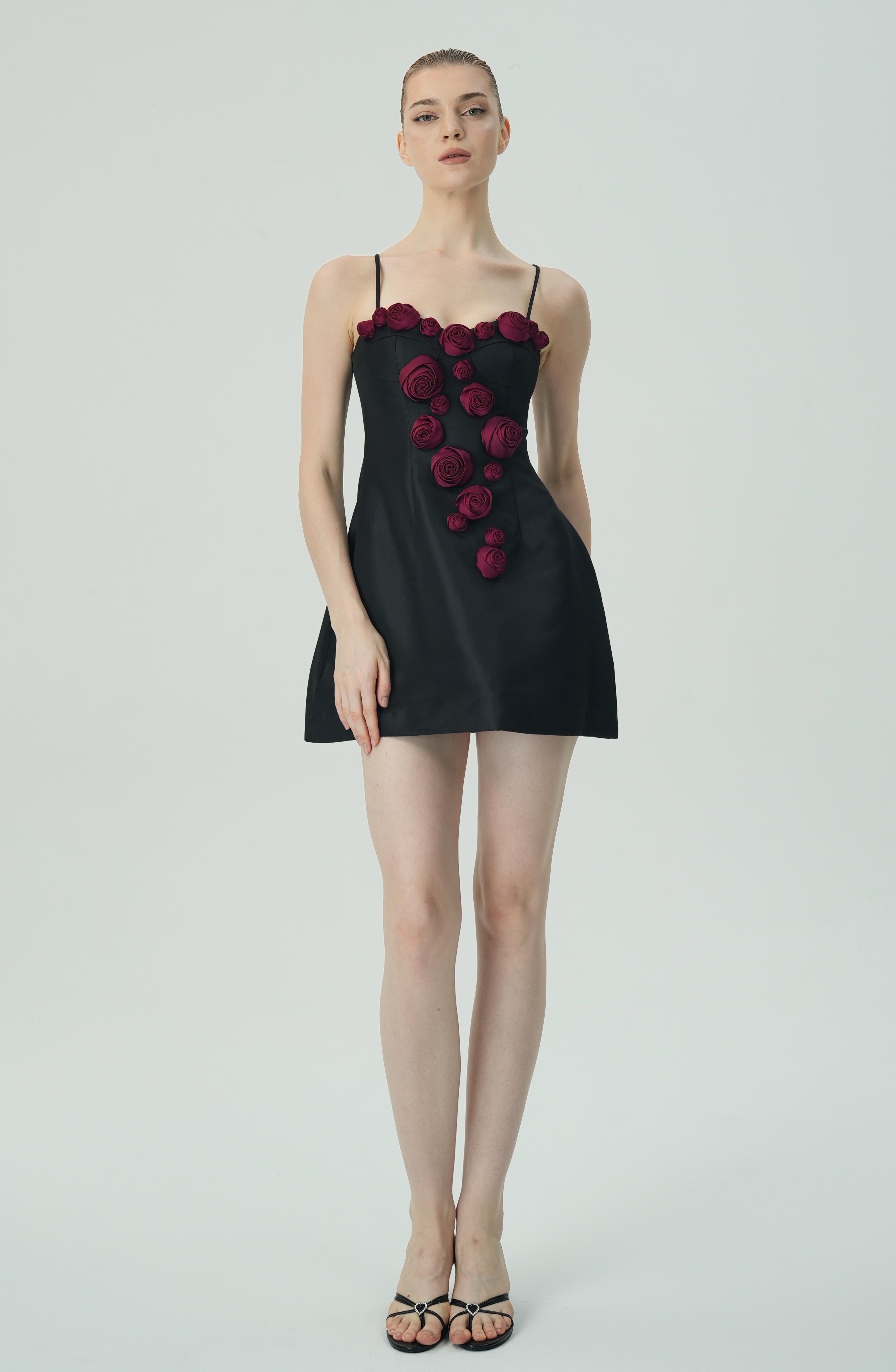 Flowering Girl Women Elegant Burgundy 3D Floral Black Satin Mini Dress