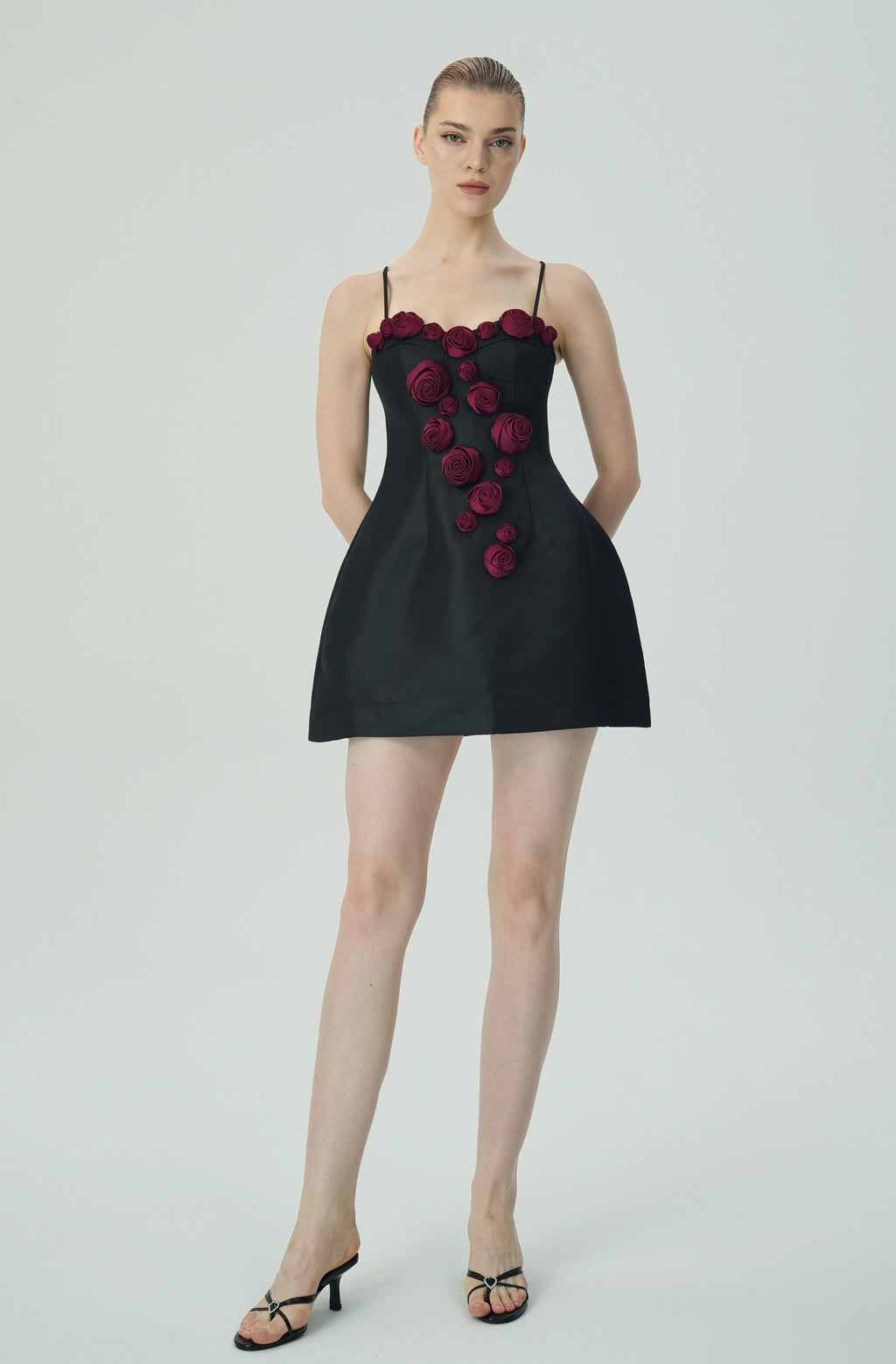 Flowering Girl Women Elegant Burgundy 3D Floral Black Satin Mini Dress