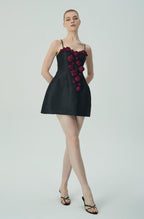 Flowering Girl Women Elegant Burgundy 3D Floral Black Satin Mini Dress