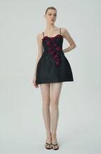 Flowering Girl Women Elegant Burgundy 3D Floral Black Satin Mini Dress